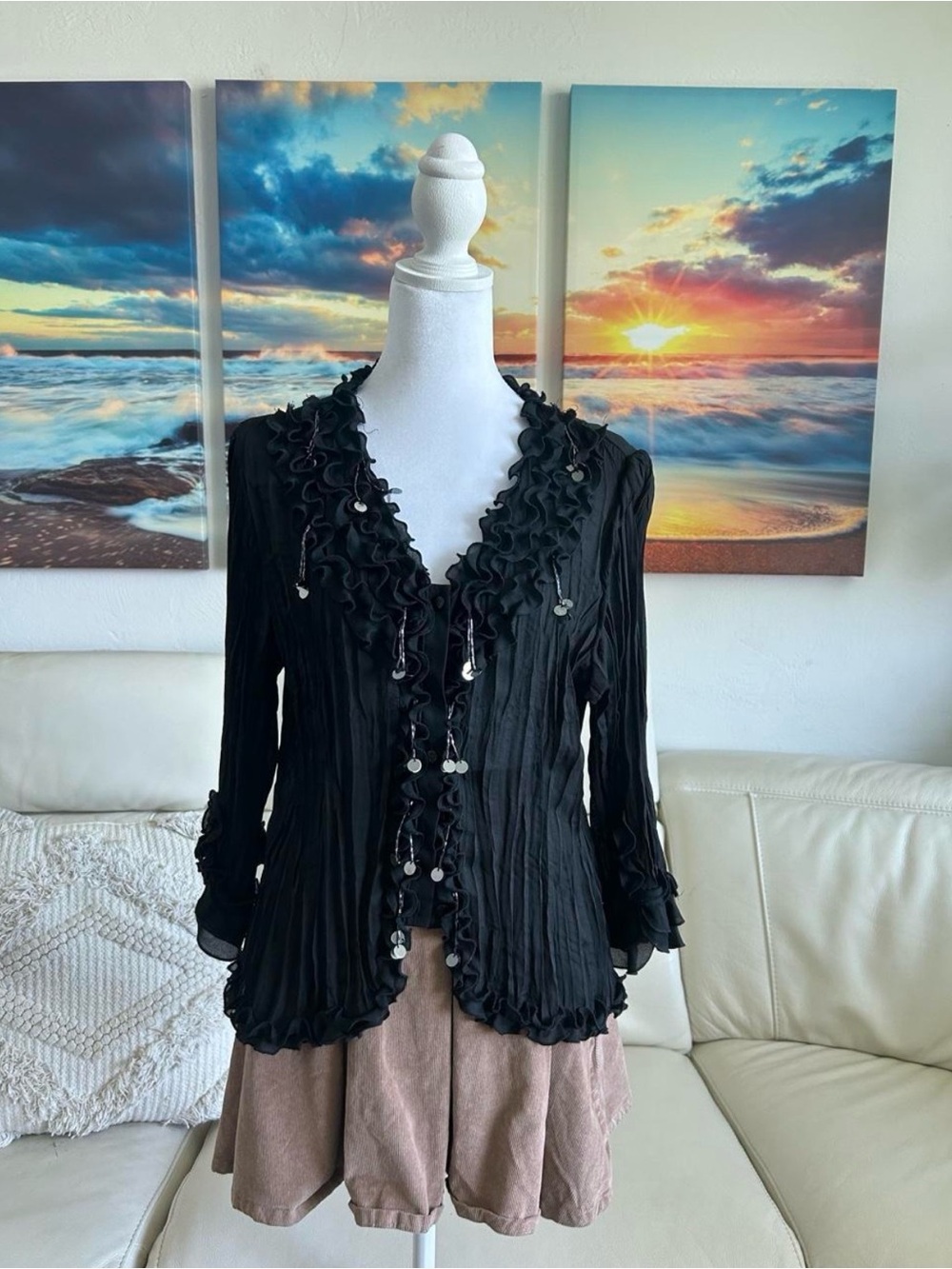 Elementz Black Ruffled V-Neck Blouse with Decorative Buttons